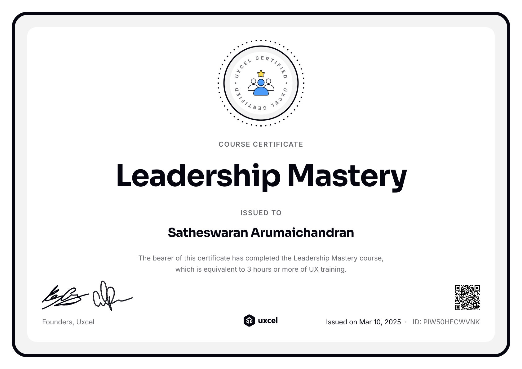 Satheswaran Arumaichandran's certificate